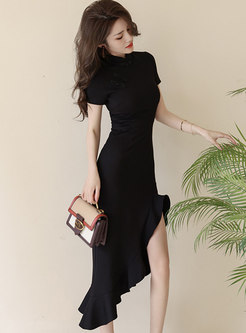 Short Sleeve Mockneck Asymmetrical Ruffles Black Dresses