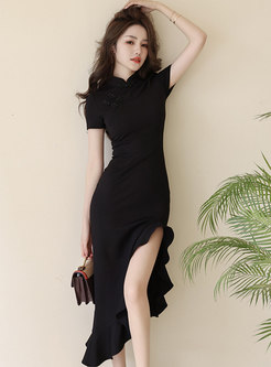 Short Sleeve Mockneck Asymmetrical Ruffles Black Dresses