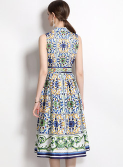 Turn-Down Collar Floral Print Waisted A-Line Dresses
