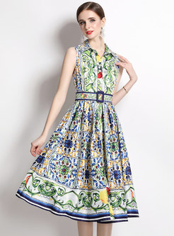Turn-Down Collar Floral Print Waisted A-Line Dresses