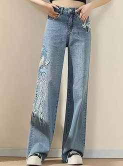 Minimalist High Waisted Embroidered Plus Size Jeans For Women