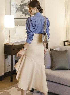 Pretty Turn-Down Collar Solid Color Blouses & Solid Color Slit Mermaid Skirts