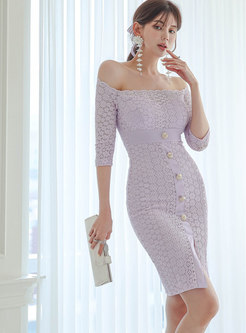 Glamorous Open Shoulder Transparent Lace Pencil Dresses