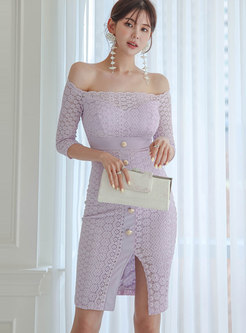 Glamorous Open Shoulder Transparent Lace Pencil Dresses