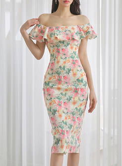 Off-The-Shoulder Floral Print Bodycon Dress