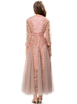 Elegant Embroidered Mesh Long Dresses