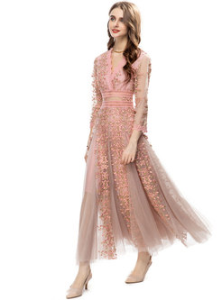 Elegant Embroidered Mesh Long Dresses