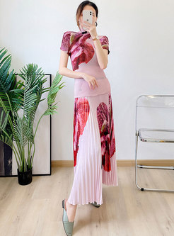 Fashion Tight Tops & Printed Pleated Long Skirts For Women