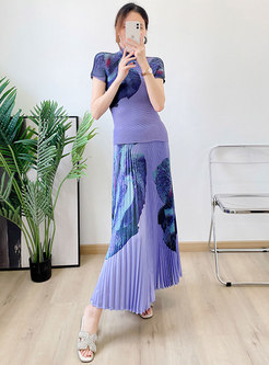 Fashion Tight Tops & Printed Pleated Long Skirts For Women