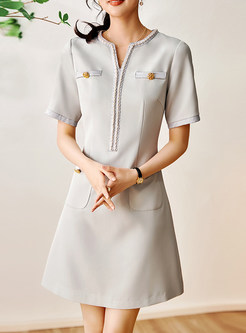 V-Neck Pocket Detail Textured Dress