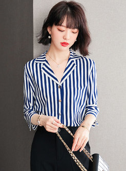 Basic Turn-Down Collar Striped Blouses For Women