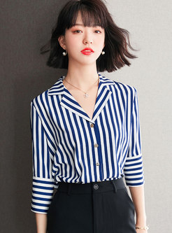 Basic Turn-Down Collar Striped Blouses For Women
