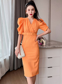 Chic Puff Sleeve Solid Color Sheath Dresses