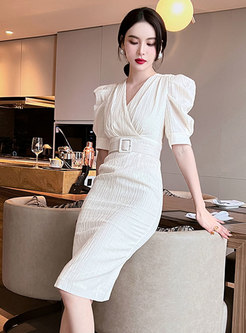 Chic Puff Sleeve Solid Color Sheath Dresses