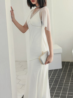 Mesh Sheer-Sleeve White Prom Dress