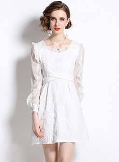 Midriff Flossing Mesh Sheer-Sleeve White Lace Dress 