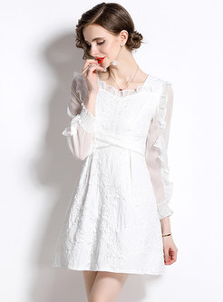Midriff Flossing Mesh Sheer-Sleeve White Lace Dress 