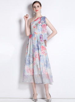 One Shoulder Floral Print Cascading Maxi Dress
