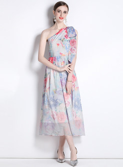 One Shoulder Floral Print Cascading Maxi Dress