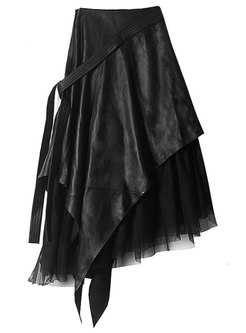 Fashion PU Patch Mesh Irregular Black Skirts