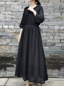 Puff Sleeve V-Neck Linen Maxi Dress