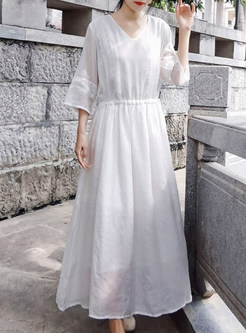 Puff Sleeve V-Neck Linen Maxi Dress