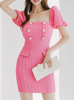 Puff Sleeve Button Front Bodycon Dress