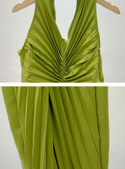 The Green Spliced Pleated Halterneck Dress