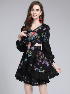 Fresh Floral Print Tiered Waist Hollow Out Lace Dress