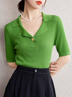 Green Button Front V-Neck Knitted Top