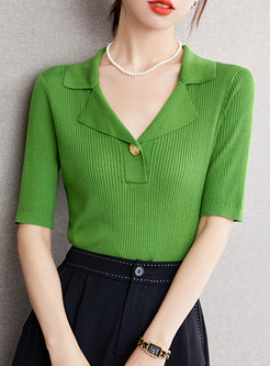 Green Button Front V-Neck Knitted Top