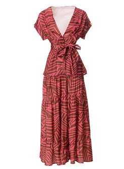 Striped Tie Waist Tiered Maxi Dress