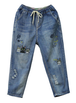 Brief Embroidered Baggy Jeans For Women
