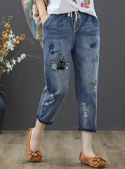 Brief Embroidered Baggy Jeans For Women
