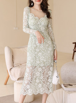 Mesh Sheer Sleeve Floral Crochet Lace Dress