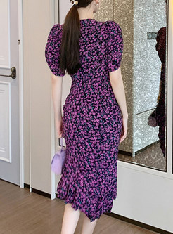 Puff Sleeve Floral Print Bodycon Asymmetric Dress