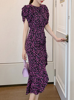 Puff Sleeve Floral Print Bodycon Asymmetric Dress