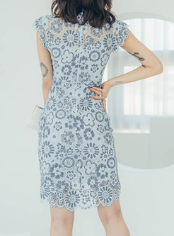 Chic Floral Print Bodycon Lace Dress