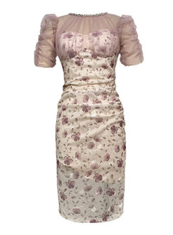 Transparent Printed Patch Short Sleeve Corset Dresses