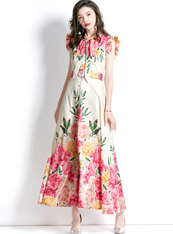 Floral Print Cascading Corset Maxi Dress