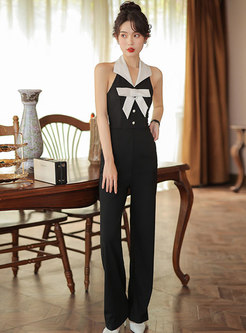 Women's Pretty Notched Collar Contrasting Sleeveless Playsuit