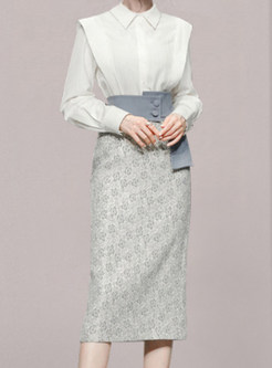 White Shirt & Waist Button-Embellished Skirt Suit