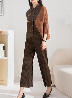 Color Contrast Top & Wide-Leg Pant Suit