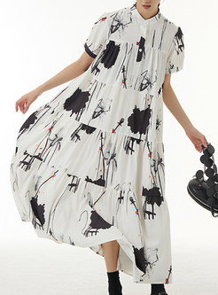 Stand Collar Patterned Maxi Dress