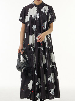 Stand Collar Patterned Maxi Dress