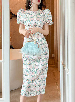 Puff Sleeve Floral Print Bodycon Dress
