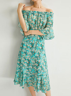 Off-The-Shoulder Floral Print Tie Waist Dress