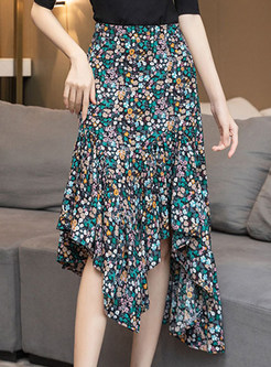 Asymmetric Floral Print Bodycon Chiffon Skirt