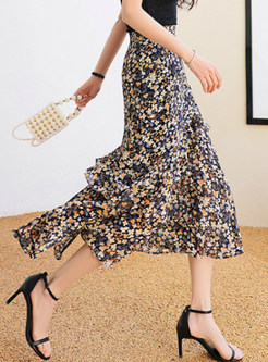 Asymmetric Floral Print Chiffon Tiered Skirt