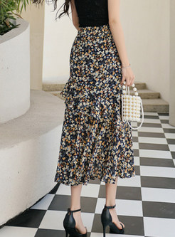 Asymmetric Floral Print Chiffon Tiered Skirt